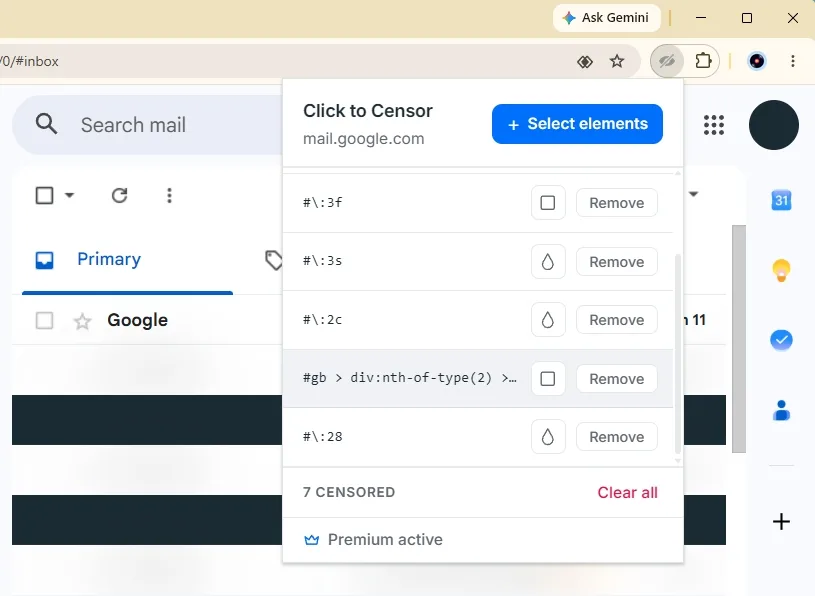 The Click to Censor popup open over Gmail with emails blacked out