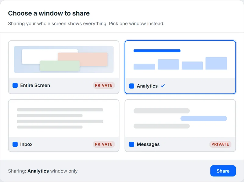 A screen-share window picker with one app window selected and the entire-screen, inbox, and messages options flagged as private